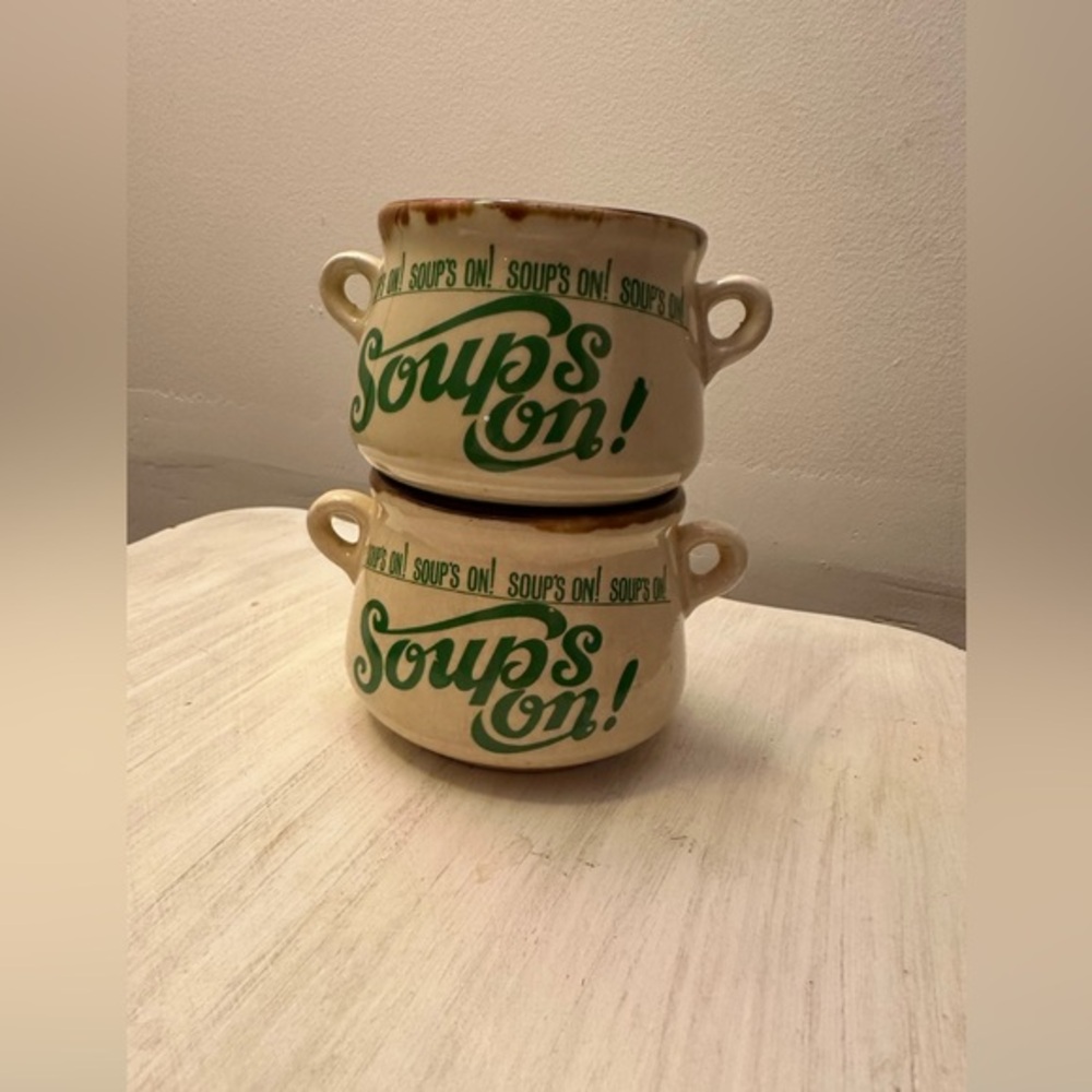 Vintage Soup Bowls with Handles - Cream and Green